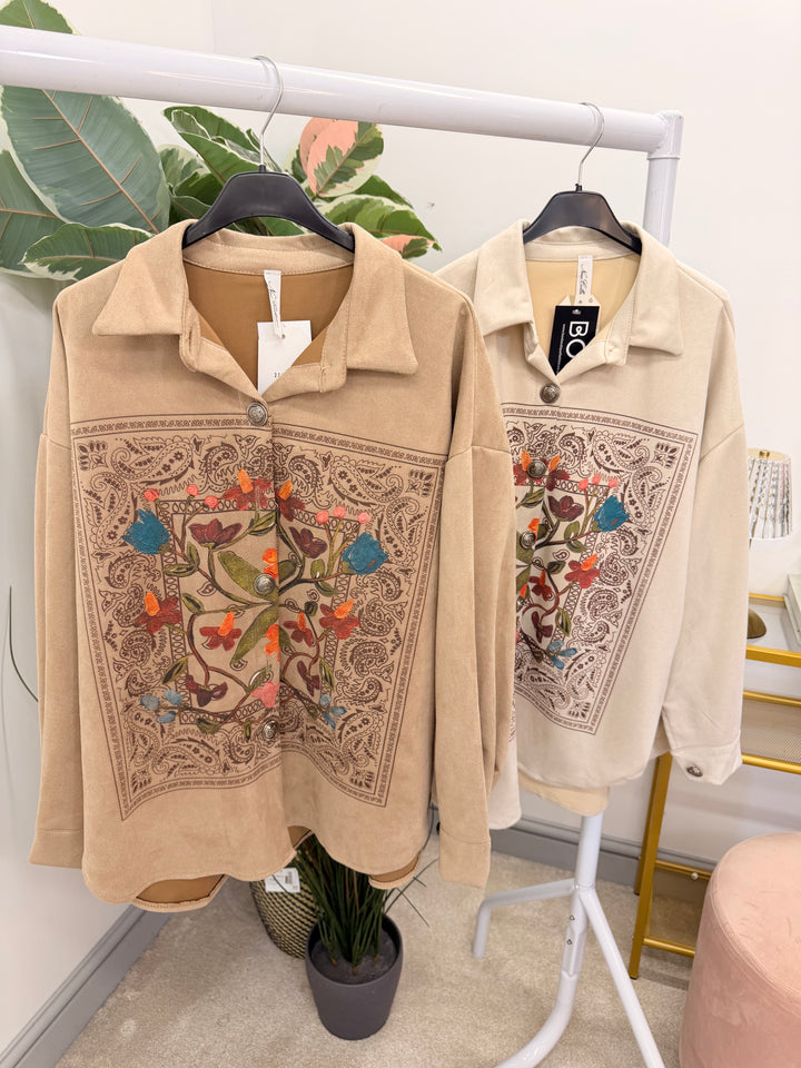 Ladies Fashion Faux Suede Shacket Jacket - Beige & Mocha
