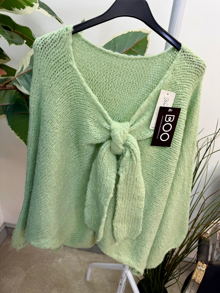 LADIES CHUNKY BOW JUMPER - PINK, MINT, LEMON, BLUE, BEIGE & GREY
