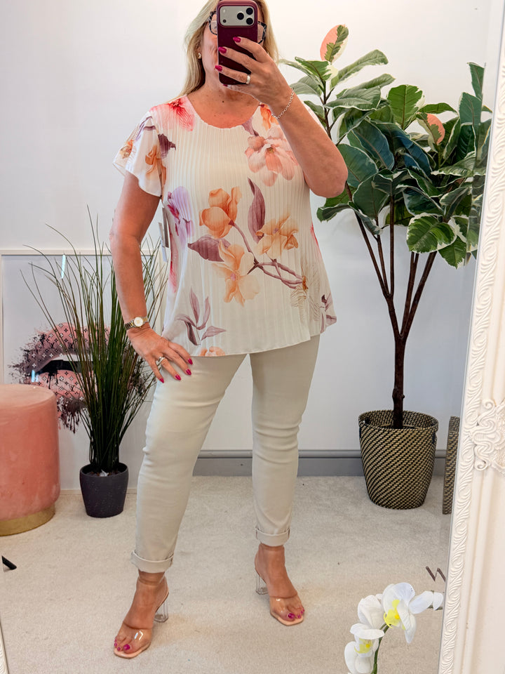 Ladies Pleated Floral Print Chiffon Top - Black, Cream, Blue, Lemon, Pink, Navy, Brown