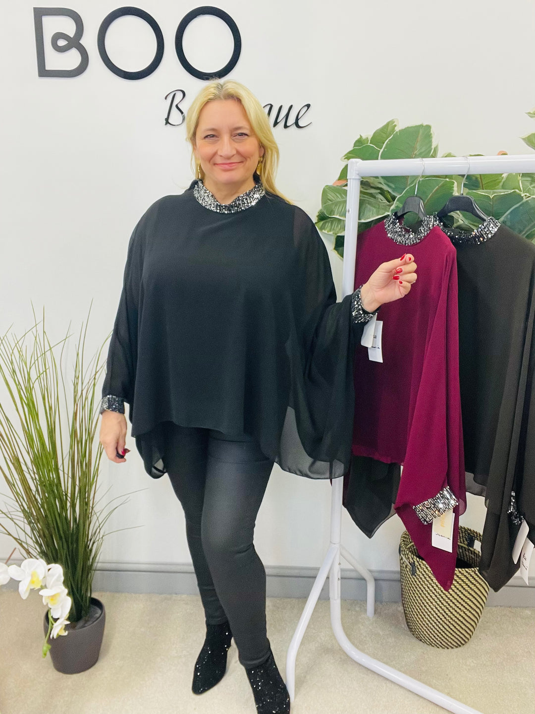 LADIES CHIFFON FLOATY SEQUIN PARTY TOP - BROWN, BLACK, BERRY