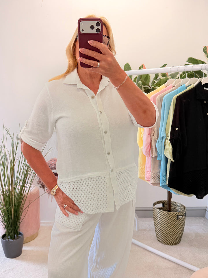 Ladies Teabag Linen Crochet Shirt Top white