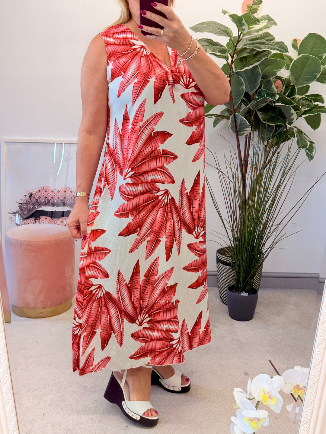 Ladies Red & White Tropical Print Sleeveless Summer Maxi Dress