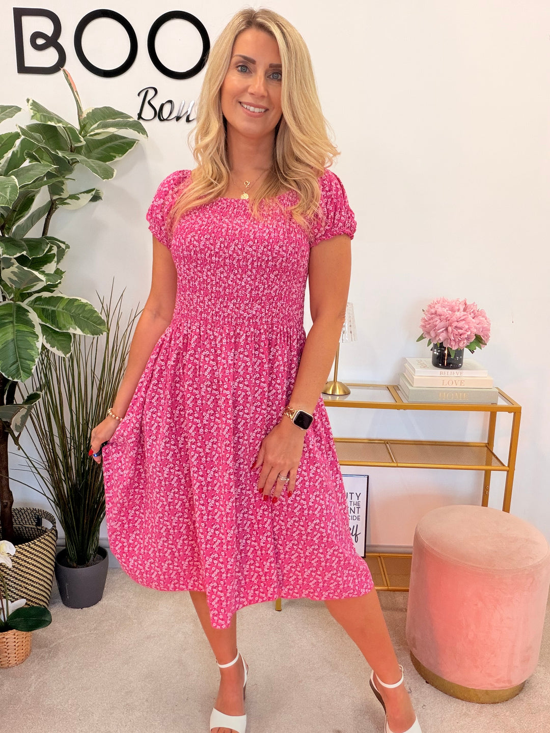 Ladies Daisy Print Sheered Bust Summer Day Dress - Turquoise, Denim Blue & Pink