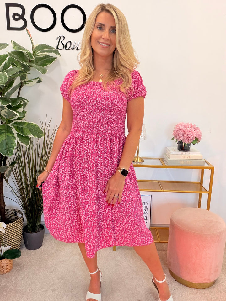 Ladies Daisy Print Sheered Bust Summer Day Dress - Turquoise, Denim Blue & Pink