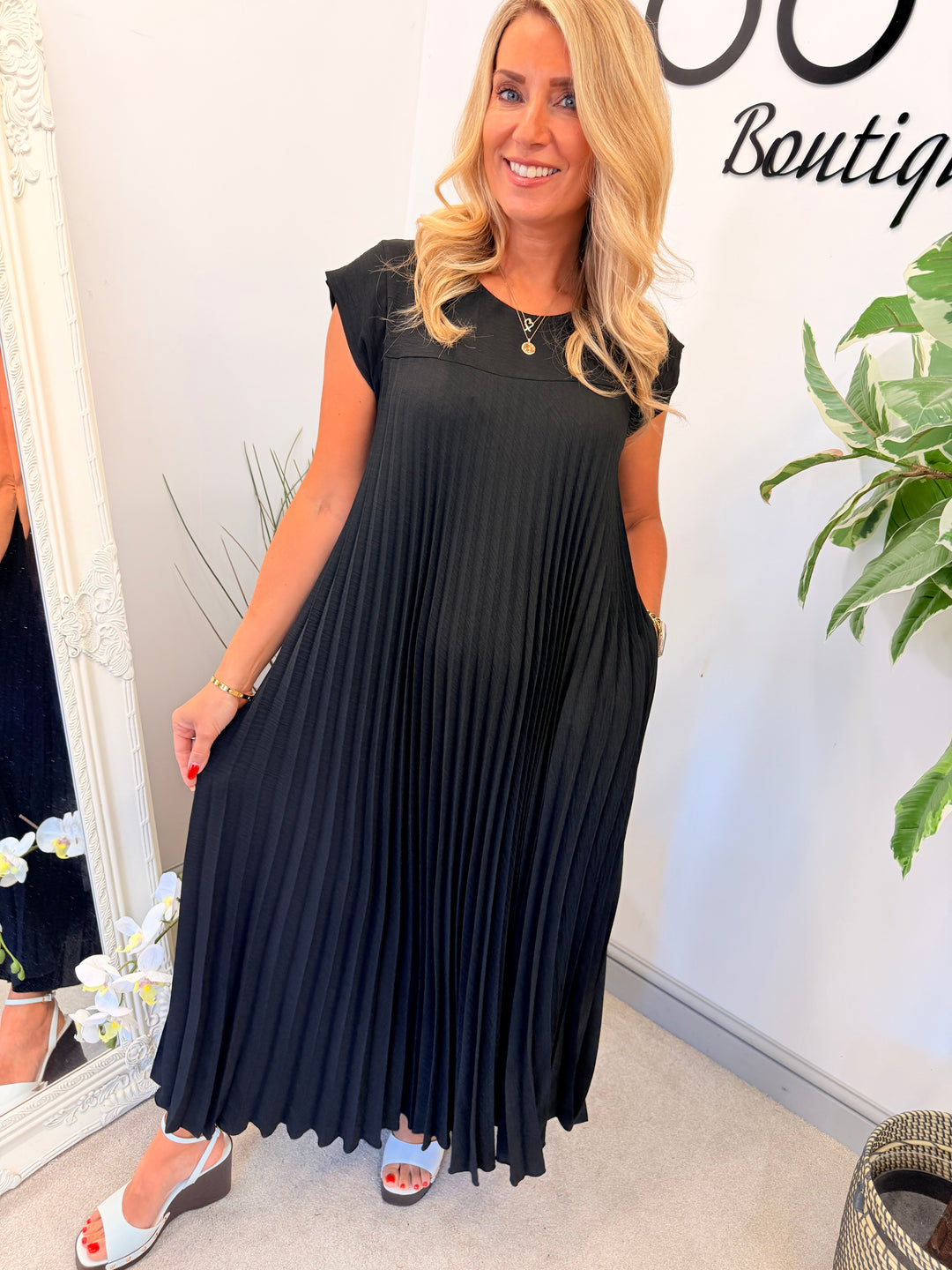 Ladies Fashion Pleated Maxi Dress - Black, Navy, Red, Lemon, Pink, Raspberry