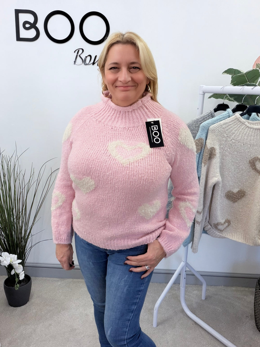LADIES FASHION CHUNKY KNIT HEART JUMPER - PINK, BLUE, BEIGE & GREY