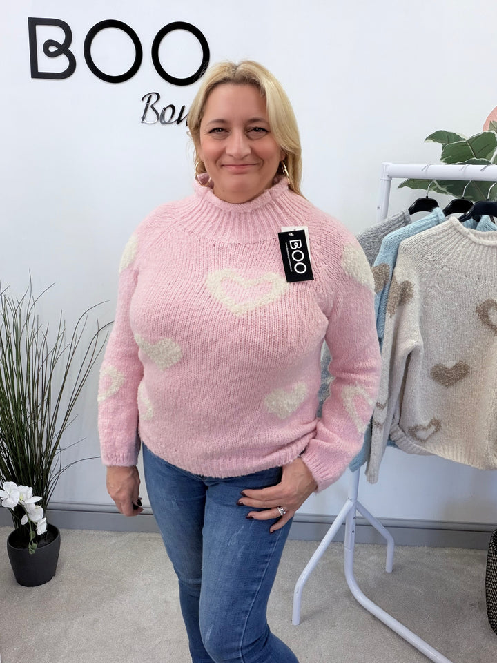 LADIES FASHION CHUNKY KNIT HEART JUMPER - PINK, BLUE, BEIGE & GREY