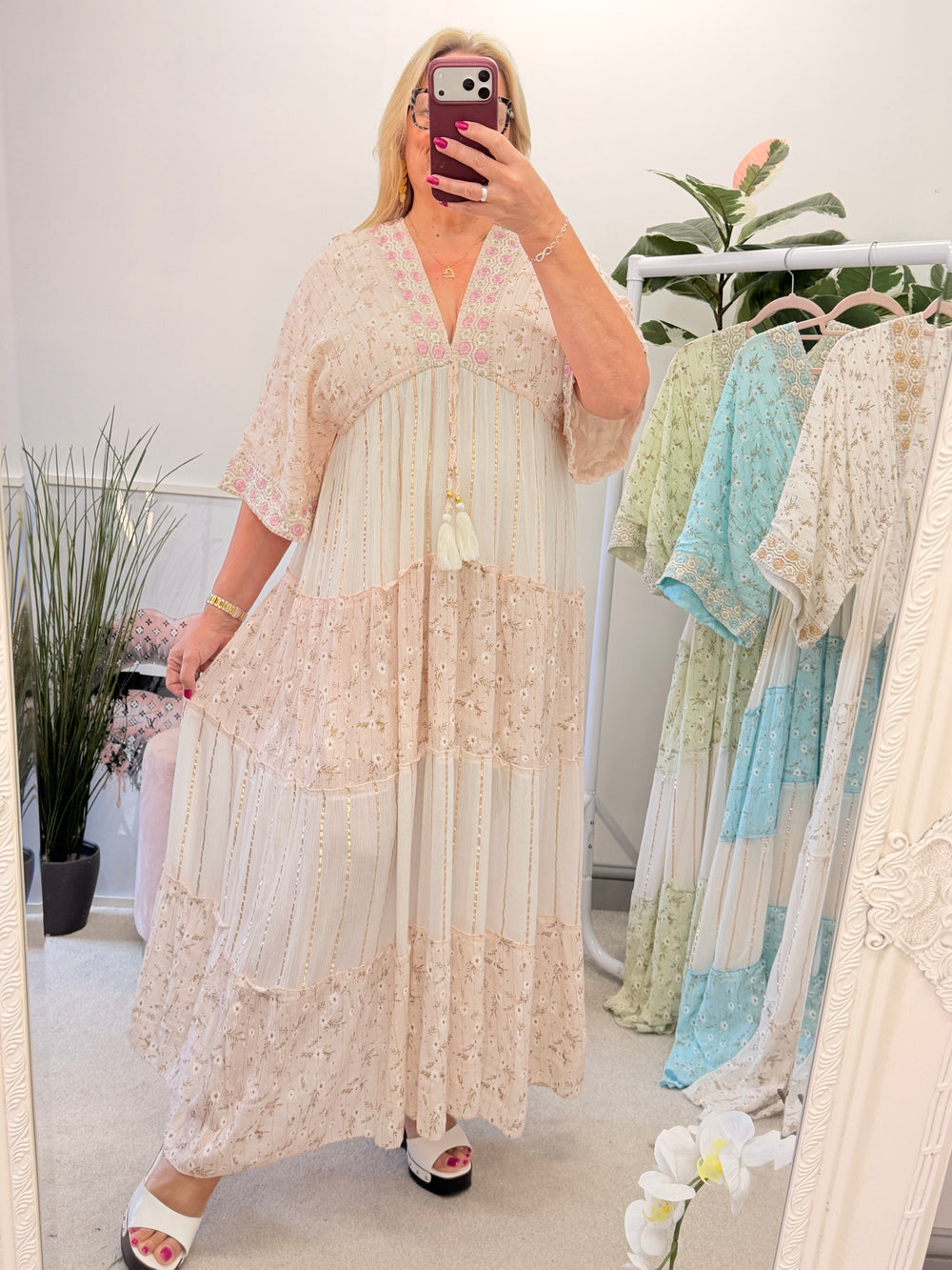 Ladies Fashion Boho Summer Maxi Dress - Pink, Cream, Mint & Blue