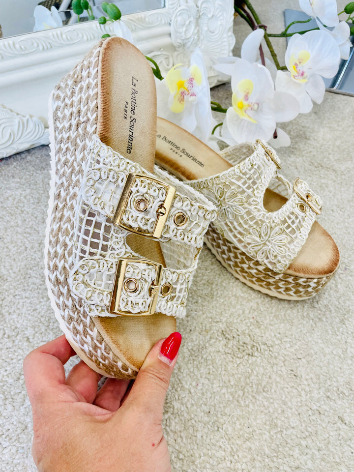 LADIES WHITE CROCHET SUMMER WEDGE FLATFORM SANDALS SHOES