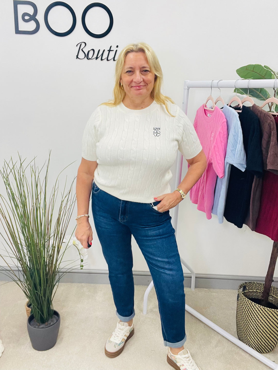 LADIES CABLE KNIT INSPIRED SHORT SLEEVE JUMPER 