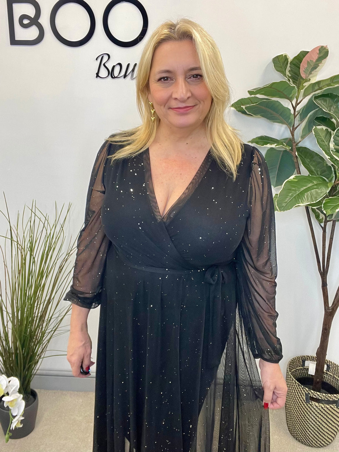 LADIES STRETCH NET PARTY MAXI DRESS - BLACK, BERRY, BROWN & GREEN