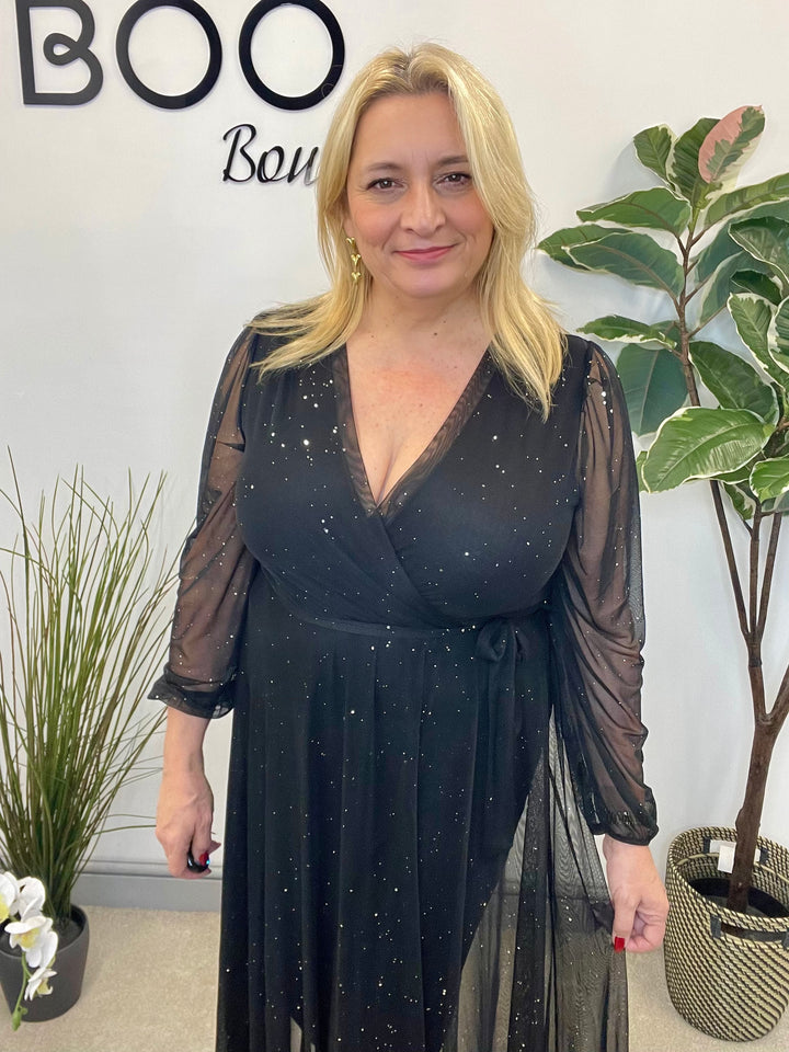 LADIES STRETCH NET PARTY MAXI DRESS - BLACK, BERRY, BROWN & GREEN