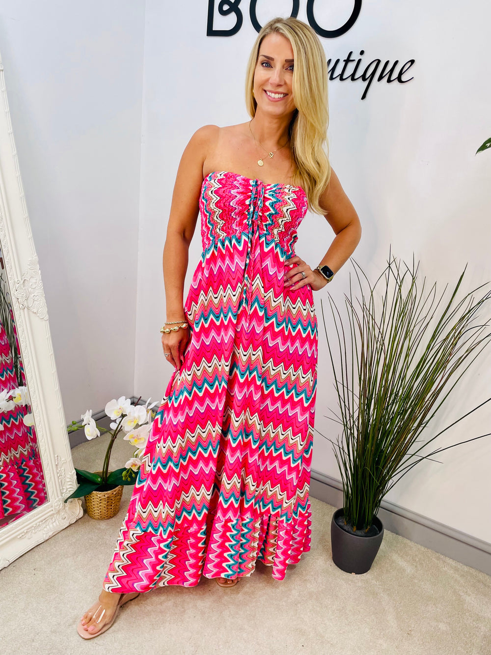 LADIES SUMMER ZIG ZAG PRINT BOOB TUBE MAXI DRESS - LIME, KHAKI, PINK & BEIGE