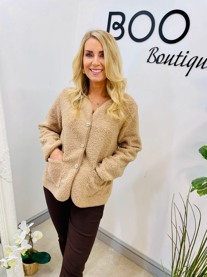 LADIES BOUCLE BOLERO JACKET - CREAM, BEIGE, BLACK, BROWN, KHAKI