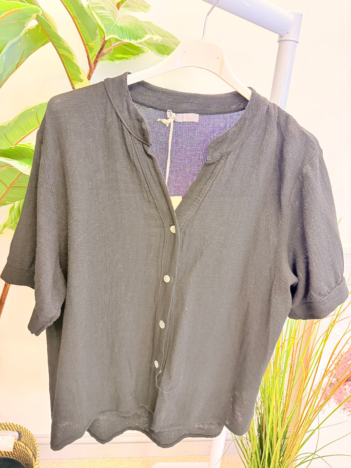Ladies Fashion Tea Bag Linen Button Up Shirt Top black