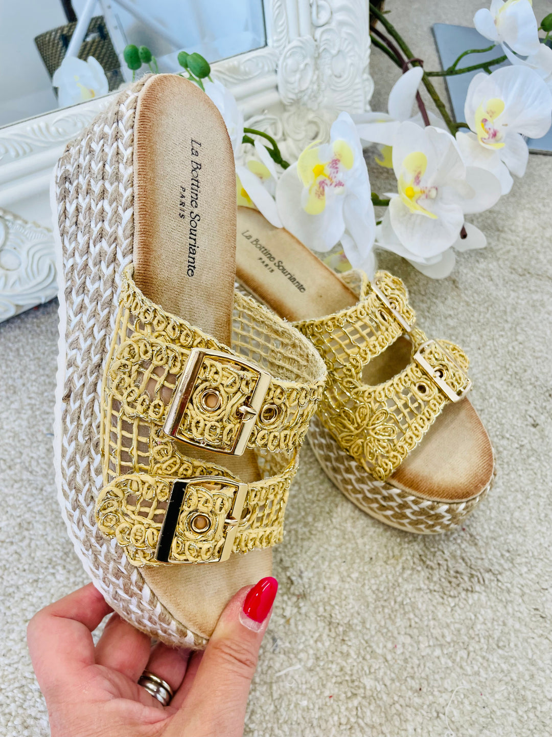 LADIES GOLD CROCHET SUMMER WEDGE FLATFORM SANDALS SHOES