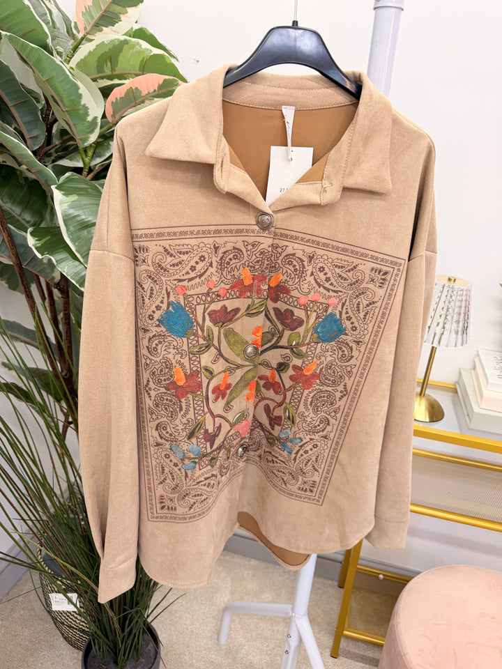 Ladies Fashion Faux Suede Shacket Jacket - Beige & Mocha