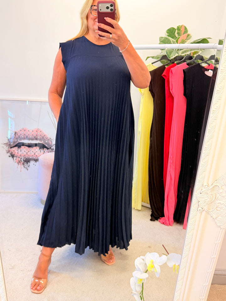 Ladies Fashion Pleated Maxi Dress - Black, Navy, Red, Lemon, Pink, Raspberry