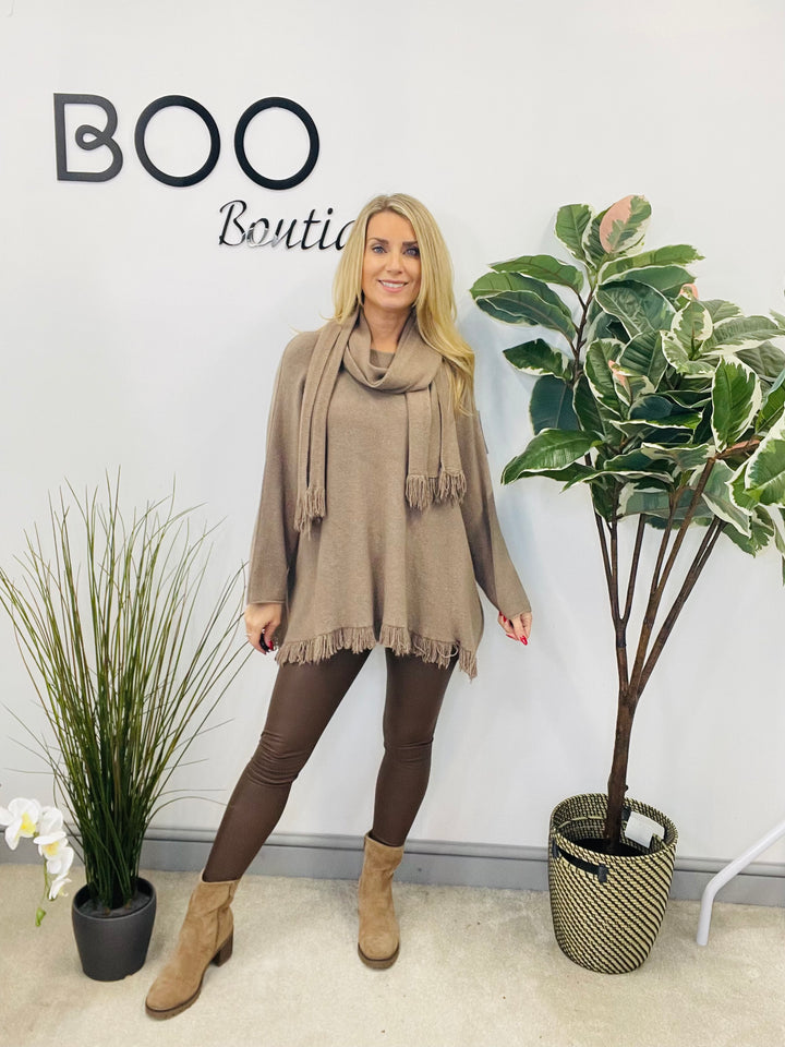 LADIES OVERSIZE JUMPER & SCARF SET MOCHA COFFEE