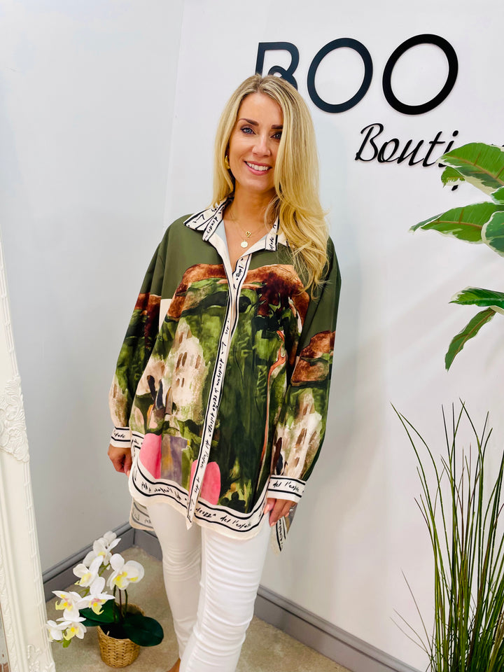 LADIES SATIN OVERSIZE AMALFI PRINT SHIRT - KHAKI & CREAM