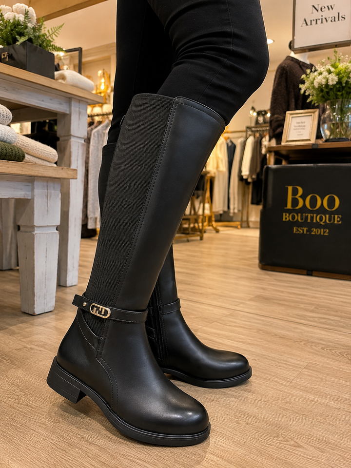 Ladies Fashion Flat Stretch Riding Boots - Black & Brown