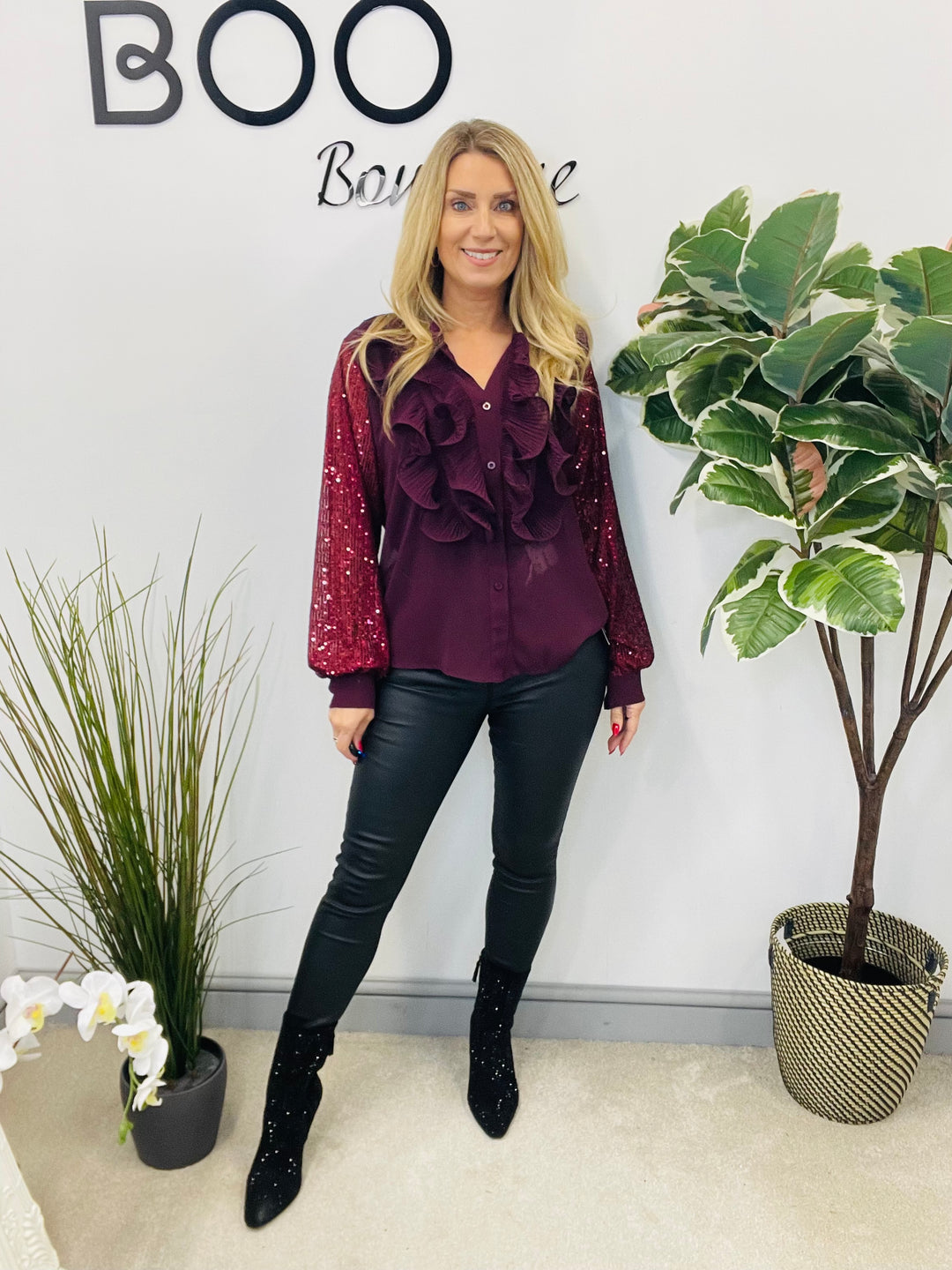 LADIES SEQUIN ARM FRILL BLOUSE - BLACK, SILVER, BERRY, BEIGE & BROWN