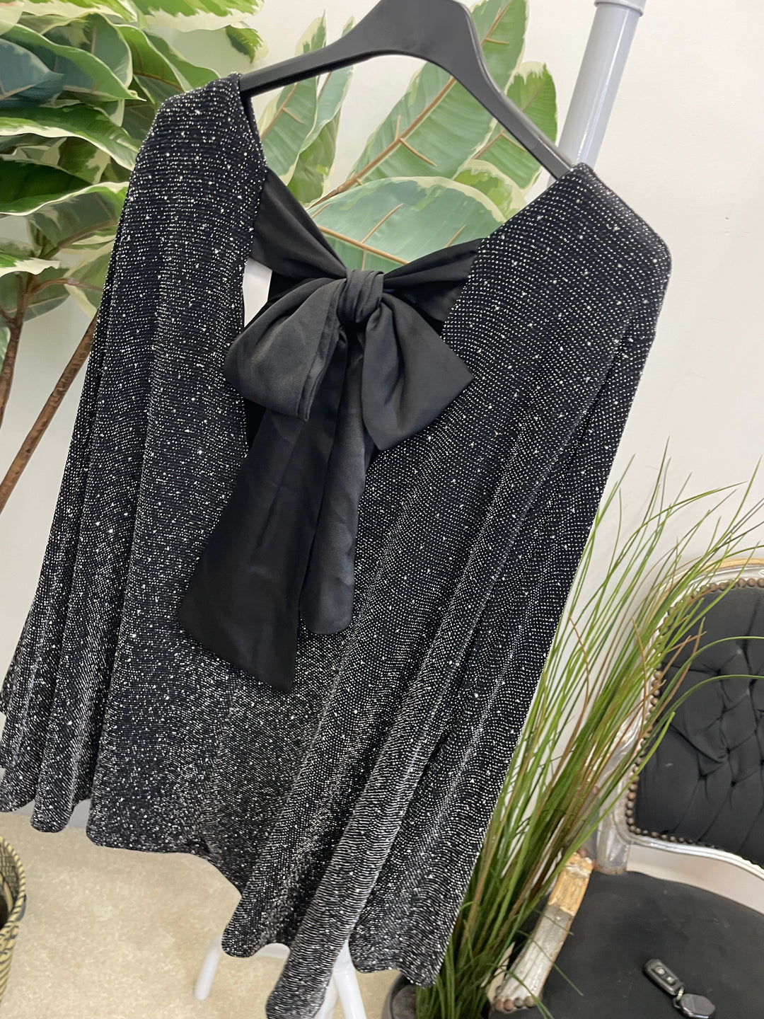 LADIES LUREX FLOATY BOW BACK TOP - BLACK, SILVER, GOLD, RED