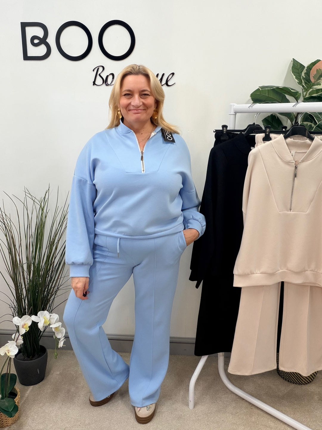 LADIES FASHION STRAIGHT LEG TROUSER CO ORD SET - BLUE, BEIGE & BLACK