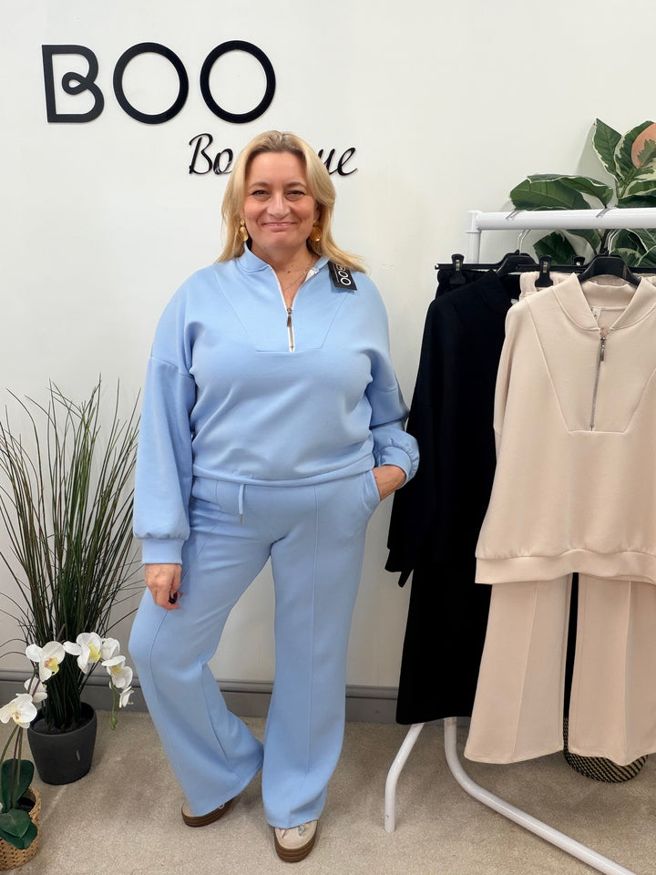 LADIES FASHION STRAIGHT LEG TROUSER CO ORD SET - BLUE, BEIGE & BLACK