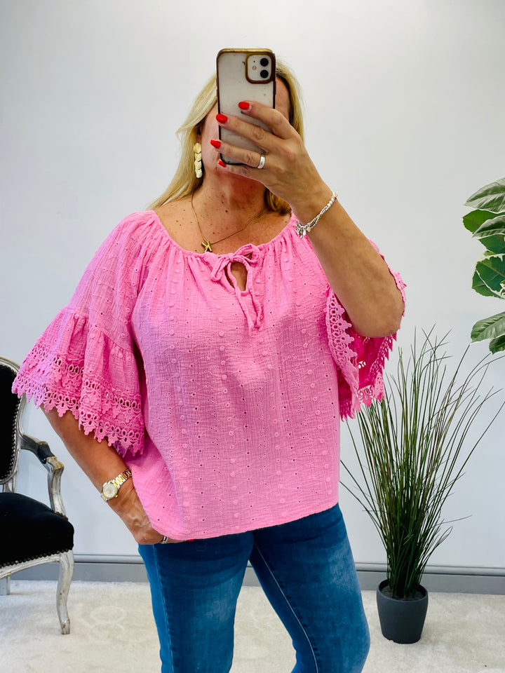 LADIES BRODERIE ANGLAISE BARDOT SUMMER TOP - PINK, WHITE, BLUE, NAVY, YELLOW