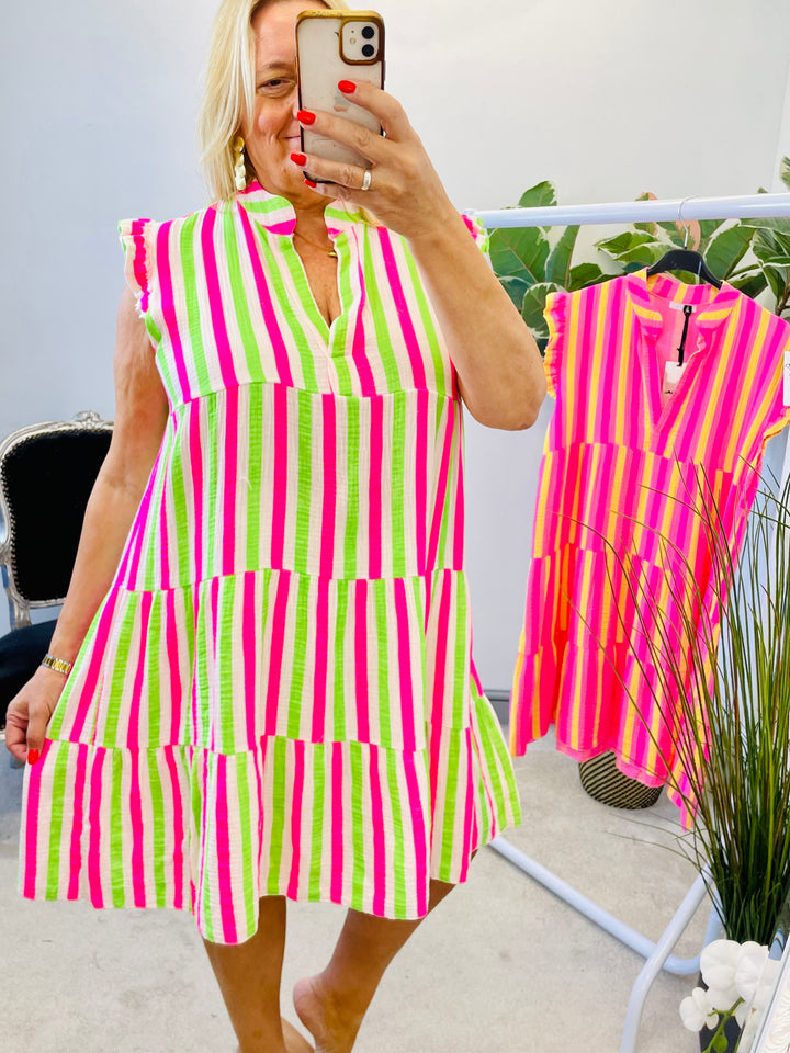 LADIES STRIPE SWING SMOCK SUMMER MIDI DRESS - PINK & WHITE