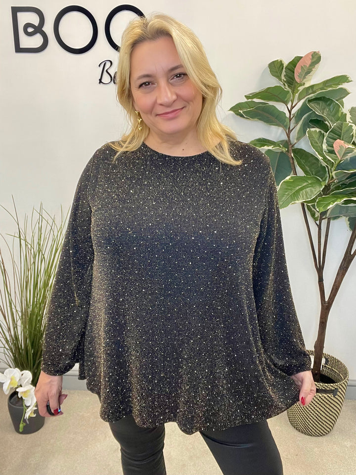 LADIES LUREX FLOATY BOW BACK TOP - BLACK, SILVER, GOLD, RED