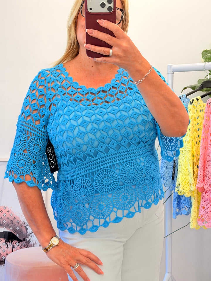 Ladies Crochet Summer Top - Pink, White, Turquoise, Blue, Lemon & Orange