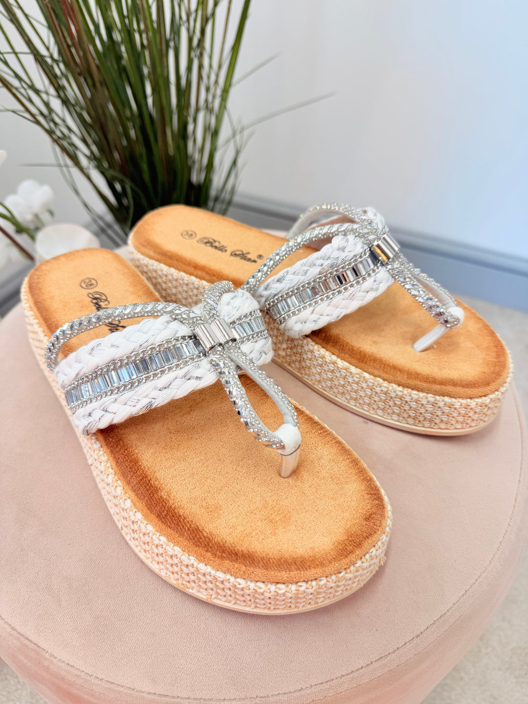 Ladies White & Silver Sparkly Summer Flatform Slider Sandals