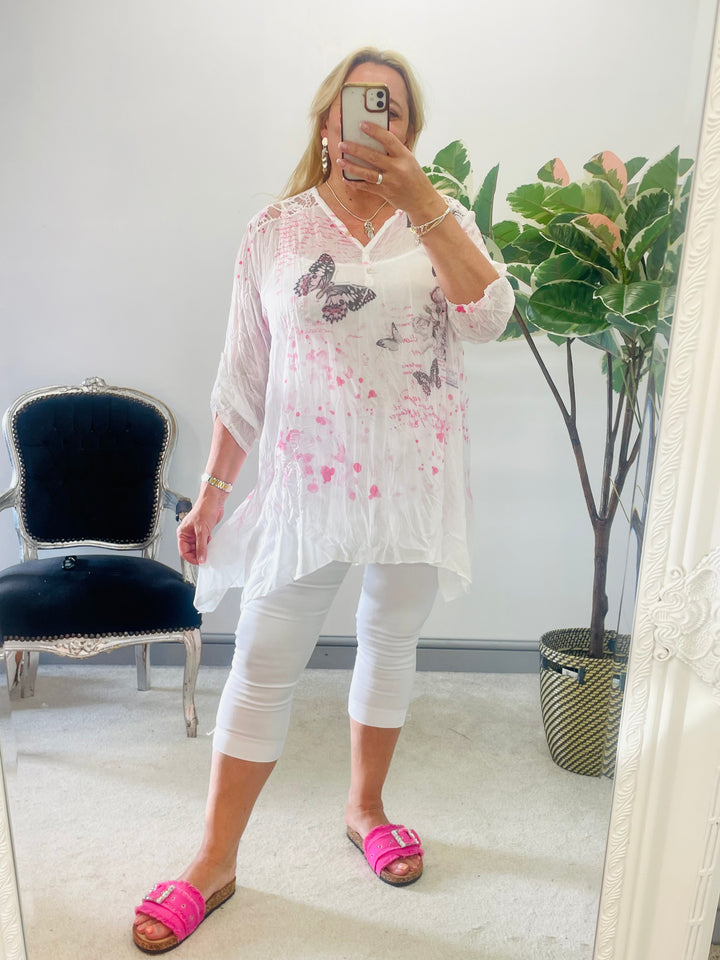 LADIES BUTTERFLY PRINT CHIFFON OVERSIZE TOP IN BLUE, KHAKI & PINK