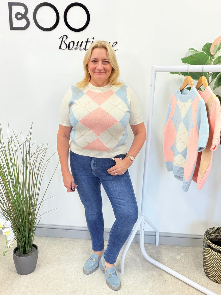 LADIES ARGYLE KNIT SHORT SLEEVE JUMPER - CREAM, BLUE, PINK