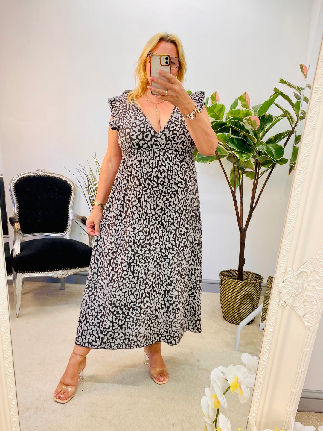 LADIES BROWN LEOPARD PRINT CHEESECLOTH MAXI SUMMER DRESS
