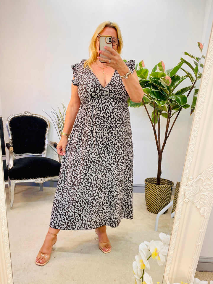 LADIES BROWN LEOPARD PRINT CHEESECLOTH MAXI SUMMER DRESS
