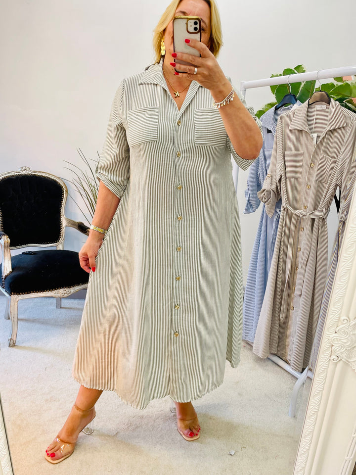 LADIES PINSTRIPE SUMMER SHIRT DRESS - BLUE, KHAKI, MOCHA