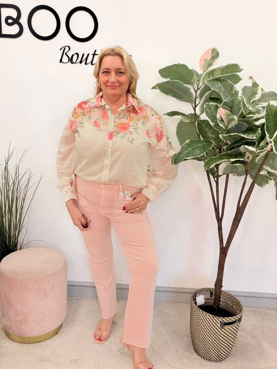 Ladies Fashion Floral Print Sheer Blouse Top - pink, lemon, blue