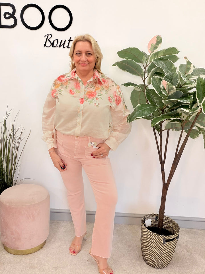 Ladies Fashion Floral Print Sheer Blouse Top - pink, lemon, blue