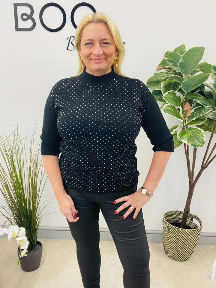 LADIES BLACK SPARKLY STUD SHORT SLEEVE JUMPER