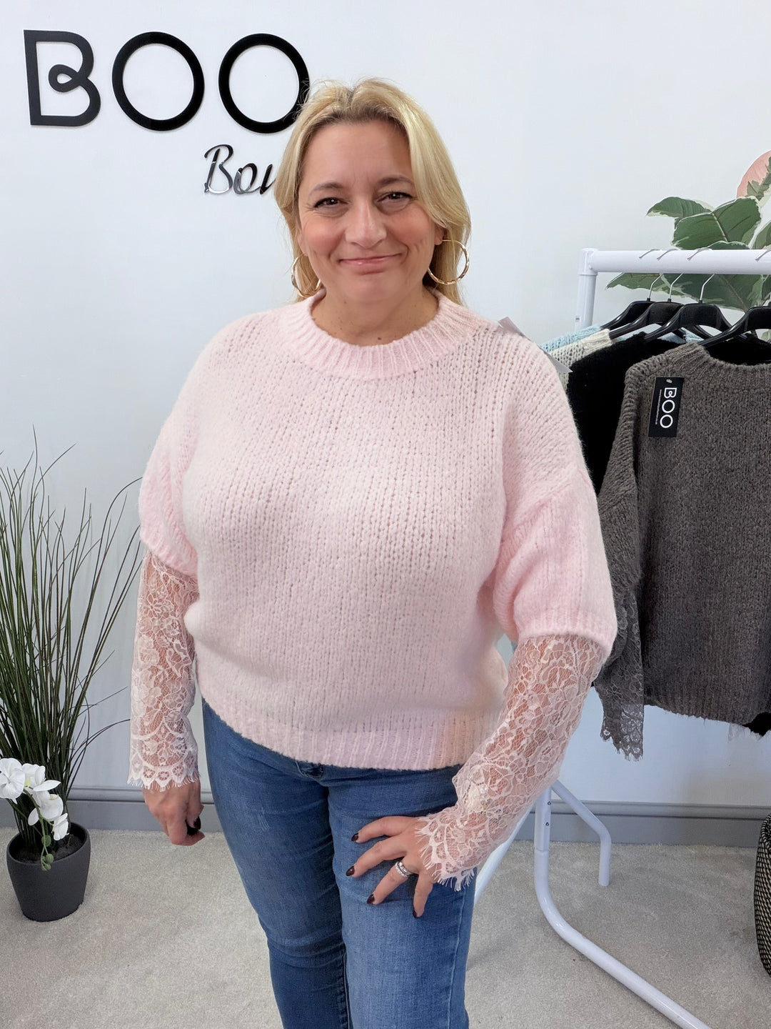 LADIES FASHION CHUNKY KNIT LACE SLEEVE JUMPER - PINK, BLUE, BEIGE, BLACK & BROWN