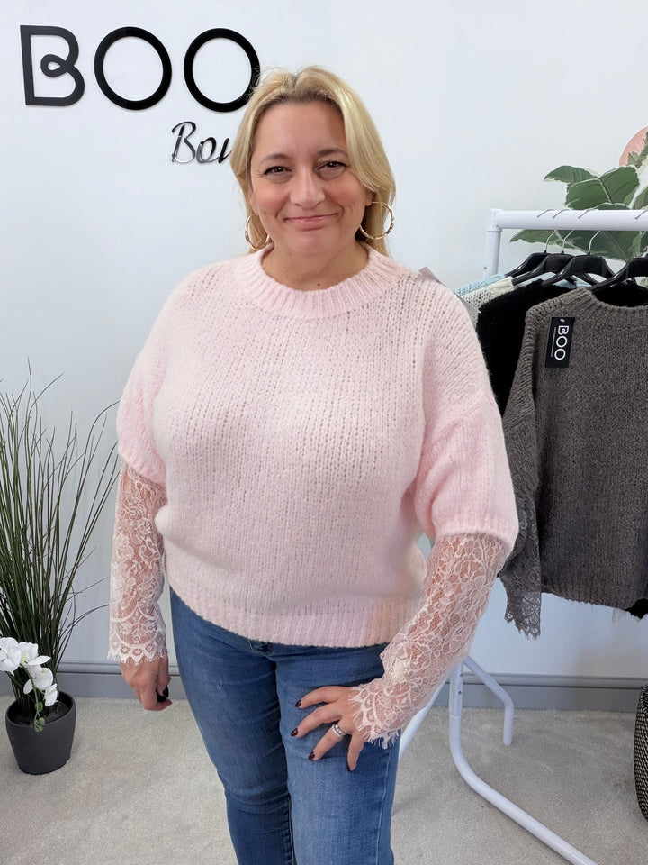 LADIES FASHION CHUNKY KNIT LACE SLEEVE JUMPER - PINK, BLUE, BEIGE, BLACK & BROWN