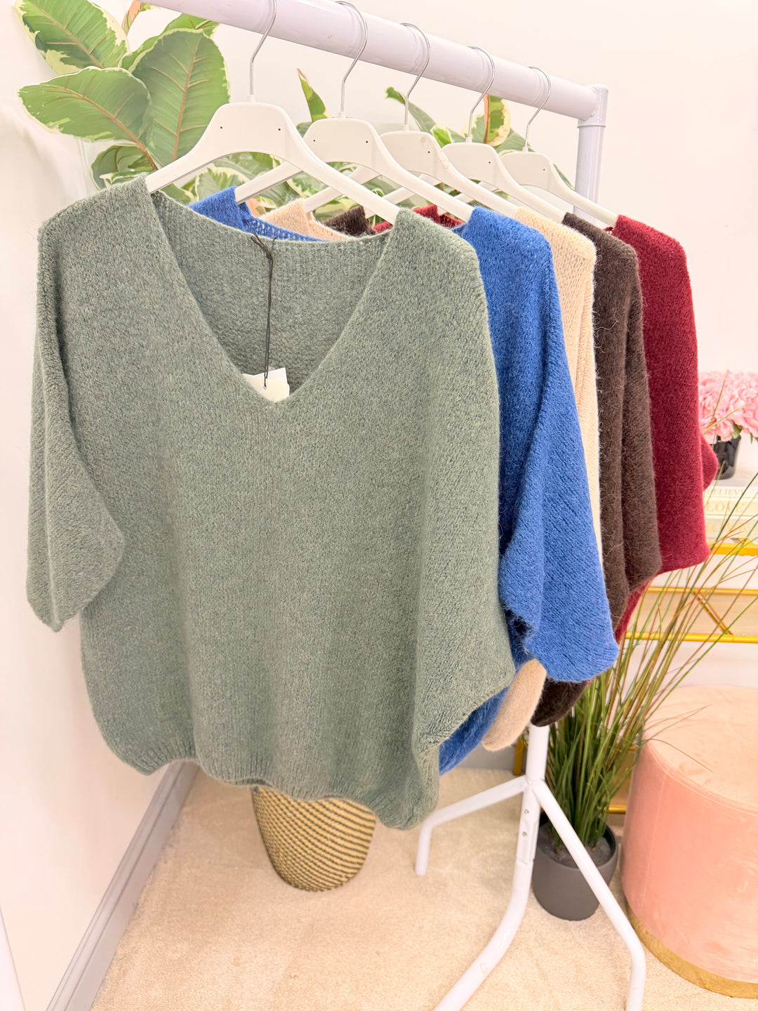 Womens fluffy knit short sleeve V neck jumper - Berry, Brown, Oatmeal, Blue & Khaki