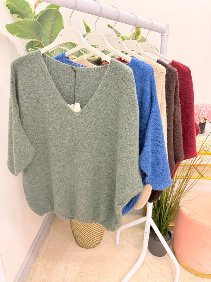 Womens fluffy knit short sleeve V neck jumper - Berry, Brown, Oatmeal, Blue & Khaki