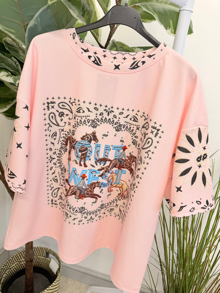 Ladies Fashion Cowboy Short Sleeve Top - Pink, White, Blue