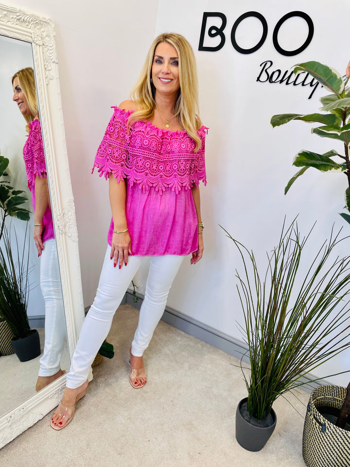 LADIES LACE CROCHET BARDOT SUMMER TOP - FUSCHIA, WHITE, PALE BLUE & PALE PINK