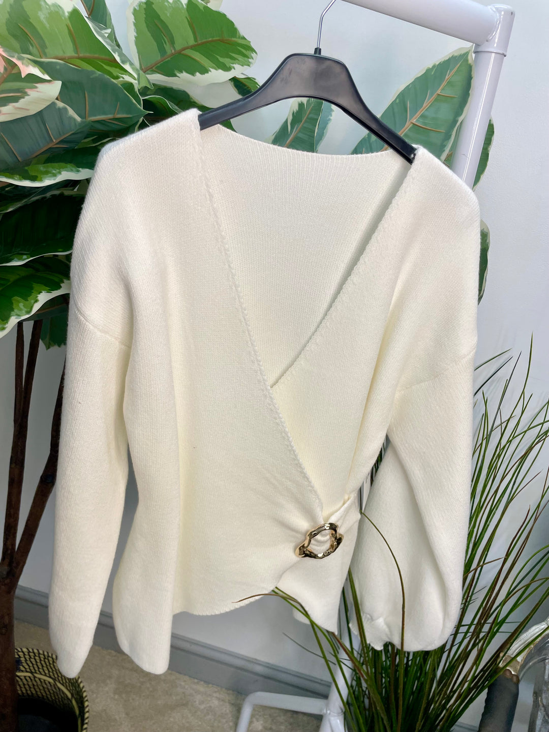 LADIES KNIT CROSS OVER JUMPER - WHITE, BEIGE, BROWN & BLACK