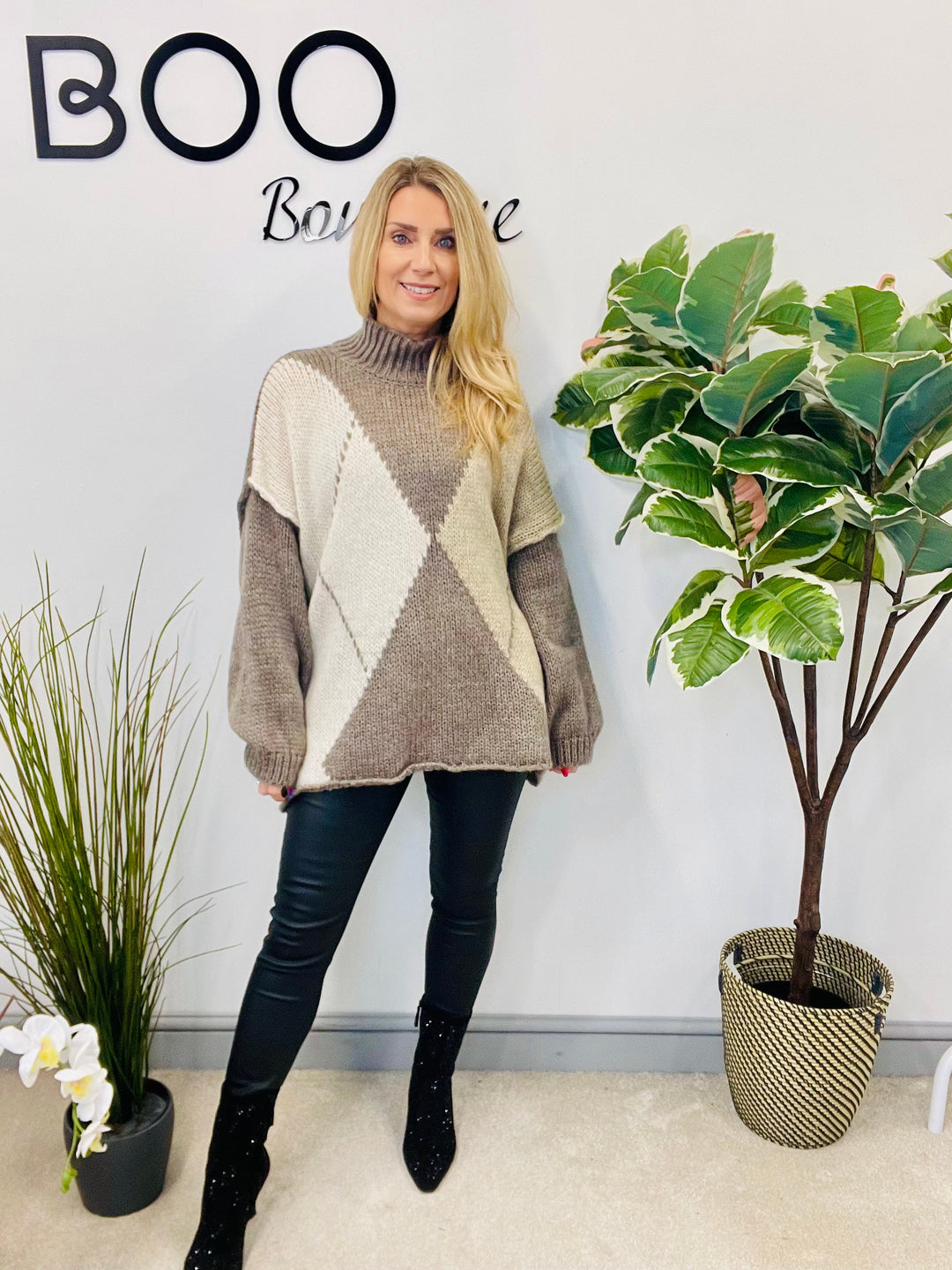 LADIES ARGYLE KNIT OVERSIZE JUMPER - CREAMS, BROWN, BEIGE